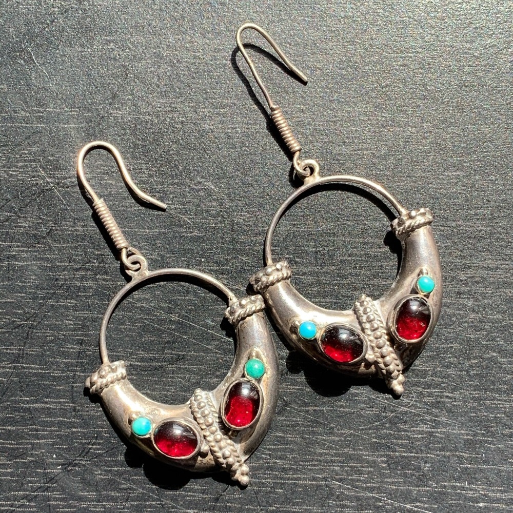 Sterling Silver Tibetan Garnet Turquoise Earrings